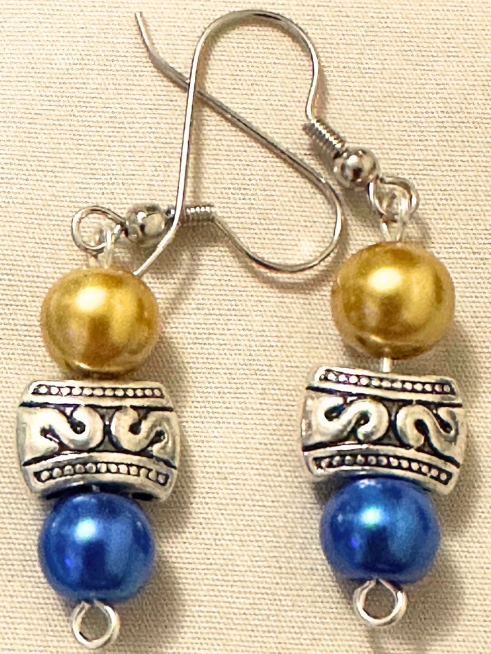 Handmade Royal Blue Gold Faux Pearl Earrings Ornate Silver Tone Beaded Dangle 2”
